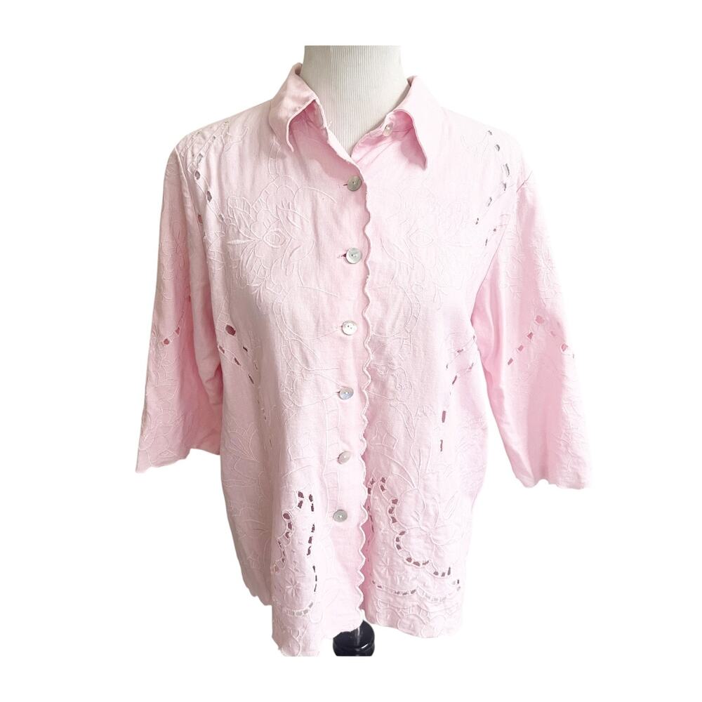 Susan Graver Top Womens Medium Pink Eyelet Embroidered Linen Blend Blouse Preppy